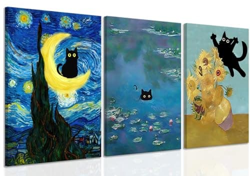 Funny Black Cat Wall Art Monet Cat in Water Lilies Canvas Wall Decor Van Gogh Starry Night Sunflower Aesthetic Pictures Paintings Prints for Bedroom Living Room Bathroom 12x16 in Framed