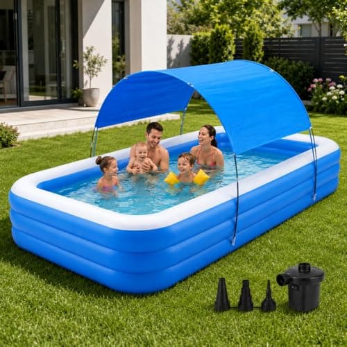 IERIBR Inflatable Pool with Canopy, 118" x 67" x 20" Large Blow Up Pool with Air Pump, Rectangular Family Swimming Pool with Sun Shade for Backyard, Garden and Outdoor Use, Blue White
