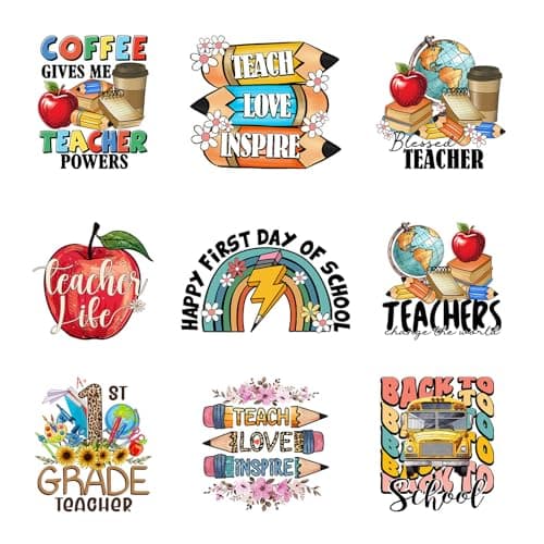 9pcs Teachers Day Teacher Life Iron On Decals for Clothing Iron on Heat Transfer Patches Vinyl Decals Appliques for Clothes T Shirts Bag Pillow Covers