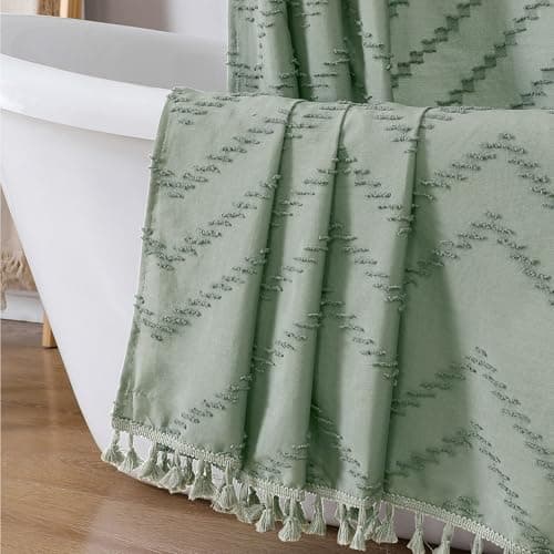 OWENIE Extra Long Sage Green Boho Shower Curtain, Chic Tufted Chevron Striped Textured Fabric Cloth Shower Curtains with Tassel for Bathroom, Soft Hotel Style Farmhouse, Machine Washable, 72x84