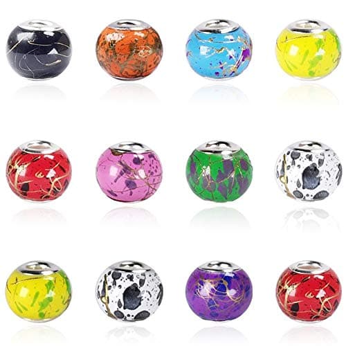 AIPRIDY 10x15mm Murano Large Hole Glass Beads with Silver Brass Cores, European Style Beads for DIY Jewelry Making (100, Golden line)