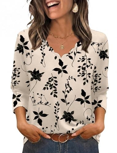 WIHOLL Blouses for Women Dressy Casual 3 Three Quarter Sleeve Womens Summer Tops Spring Clothes V Neck Plus Size Business Outfits Work Shirts Fall Fashion Clothing 2026 Floral Khaki XL