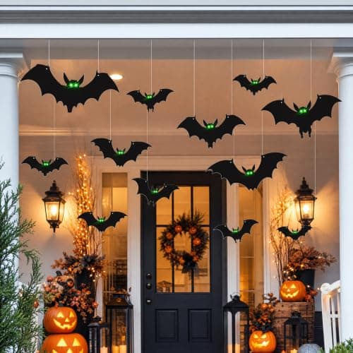 12 Pcs Hanging Bats Halloween Decorations Outdoor - Large Flying Plastic Bats Outside Decor - 3 Different Sizes - Glow in Dark Eyes for Hanging in The Tree, Porch, Yard, Lawn, Indoor