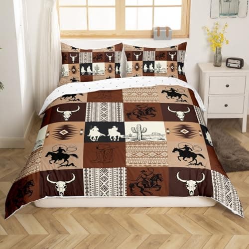 Feelyou Kids King Size Cowboy Bedding Set Western Duvet Cover Southwestern Comforter Cover for Kids Boys Girls Boho Aztec Bedspread Cover Adult Bedroom Decor Quilt Cover 3Pcs (No Comforter)