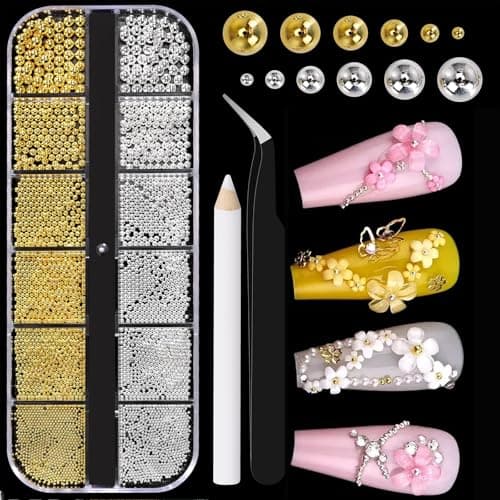 COOSLIM Mini Small Nail Beads Silver Gold Nail Charms and Gems Ball Metal Caviar Bead, Nail Chain for Nail Art Accessories Supplies Gold Rhinestones for Women Manicure 2