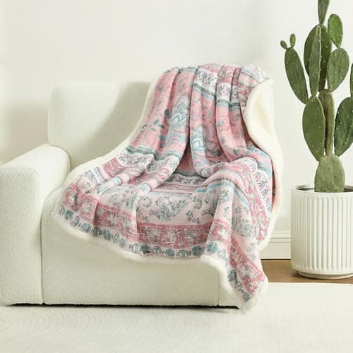 Boho Chic Sherpa Fleece Throw Blanket with Ultra-Soft Cozy Lining,Bohemian Patterned Throws for Sofa,Couch,Bed