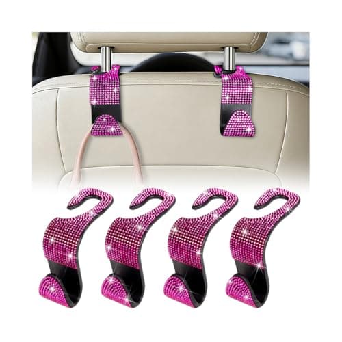 HZEL Bling Car Seat Headrest Hooks, 4PCS Crystal Rhinestone Vehicle Seat Back Hanger Holder for Purses Bag Handbags, Diamond Headrest Storage Organizer, Universal Auto Accessories (Rose Red)