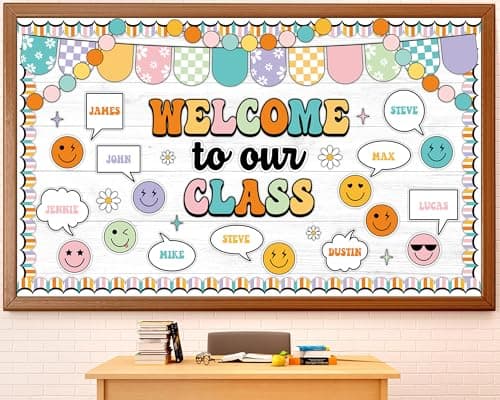 Groovy Back to School Bulletin Board Set Retro Smile Face Classroom Decoration Welcome to Our Class Cutout Hippie Daisy Flower Paper Bulletin Board Preschool Kindergarten Decor Teacher Door Wall Decor