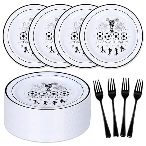 60 Pcs World Cups Soccer Dessert Plates Set,Including 30 Pcs World Cups Soccer Disposable Plates 7.28"and 30 Pcs Black Disposable Forks,Disposable Dessert Cake Plates for Sports Themed Party,Holiday