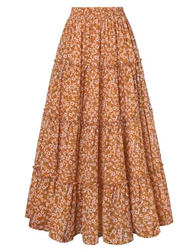 Scarlet Darkness Floral Maxi Long Skirts for Women Summer 2026 Tiered Skirt Flowy Boho Fairy Skirt with Pockets Mustard Yellow Floral S