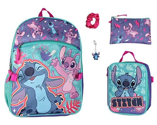 Bioworld Disney Lilo and Stitch Angel 5 Pc Set Backpack Lunch Box Key Chain Pencil Case Scrunchie 16"