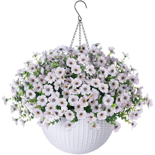 HyeFlora Artificial Fake Hanging White Flowers Plants Basket for Outdoor Outside Fall Winter, Faux Silk Daisy UV Resistant Look Real for Christmas Porch Patio Balcony Home Yard Decoration