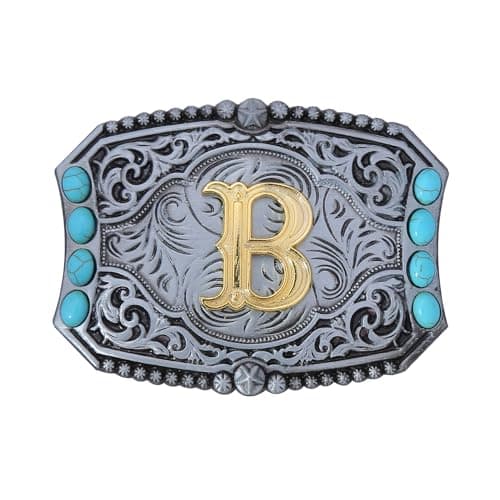 Bolatilt Vintage Turquoise Belt Buckle Men Western Cowboy Cowgirl Rodeo Belt Buckles Initial Alphabet B Belt Buckles for Men and Women