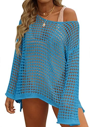 ZESICA Women's 2026 Summer Crochet Hollow Out Long Sleeve Beach Bikini Swimsuit Mesh Cover Up Tunic Top,Lake Blue,Medium