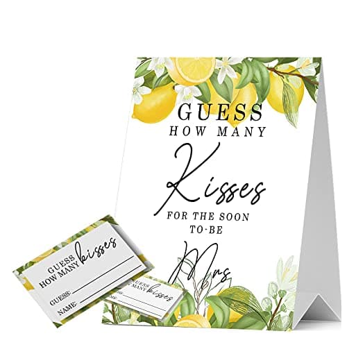 JIRIM-BEUTY Lemon Floral Guess How Many Kisses for The Soon to be Mrs, Guess How Many Baby Shower Games, 1 Stand Sign & 50 Tickets, Bridal Shower Sign - JRM301