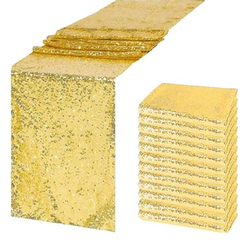 HMQIANG Gold Sequin Table Runners, 12x72 inch, 12 Pack
