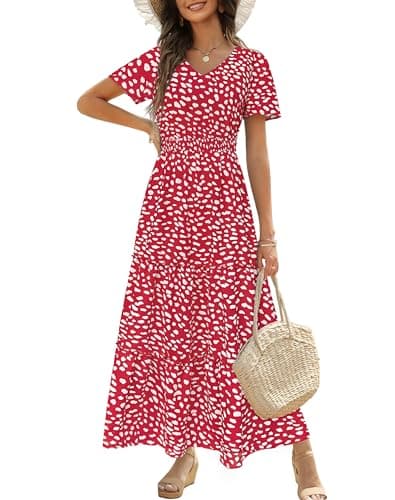Zattcas Womens 2026 Short Sleeve Summer Floral Maxi Dress Redwhite L