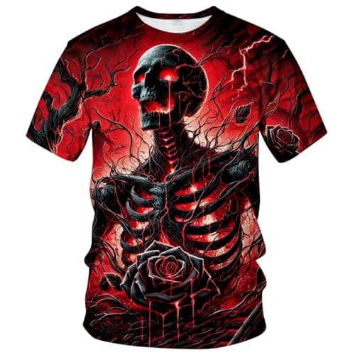 QTAGTESS Men's Gothic Skull T-Shirt Dark Fantasy Horror Art with Red Skeleton Thorny Roses Graphic Tee Shirt,Red,XL