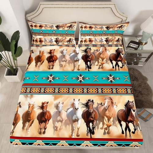 Horses Fitted Sheet Full Horse Themed Room Decor for Girls,Bohemian Native Aztec African Tribal Horse Print Bedding,Boho Western Rustic Farmhouse Bedroom Bed Sheets Exotic Style Bed Set
