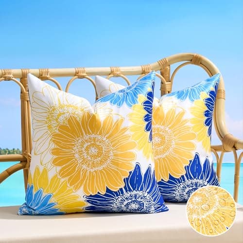 Outdoor Waterproof Floral Pillow Covers Yellow Blue Summer Decorative Throw Pillow Covers 18x18 Set of 2 Square Sunflower Garden Cushion Throw Pillowcase for Patio Furniture Garden Tent Balcony Bench