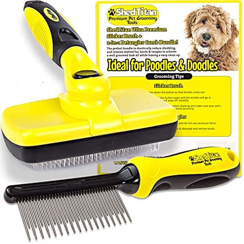 ShedTitan Doodle Brush Slicker for Dogs - Self Cleaning Dog Brush for Poodles, Goldendoodle Grooming Kit with Detangler Comb