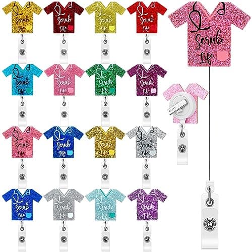 Sherr 16 Pcs Glitter Nurse Badge Reel Christmas Retractable,Multi Colors