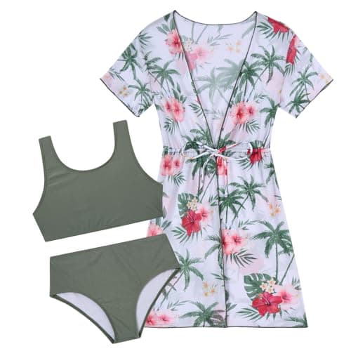 Enlifety Kids Bathing Suit Size 9 10 Girls Hawaiian Swimsuit 3 Piece Floral Palm Tree Bikini Set with Cover Up