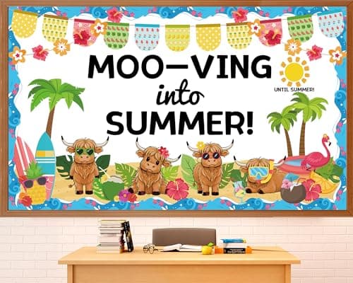 Summer Highland Cow Bulletin Board Highland Cow Classroom Bulletin Board Decorations Cows Mooving Into Summer Paper Cutouts for Back to School Chalkboard Door Wall Window Decor