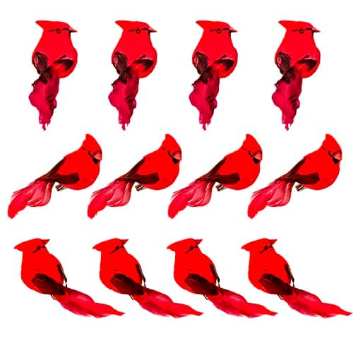 Berfutall-Cardinal Clip On Christmas Tree Ornament Decorations - Red Feathers Set of 12 Pieces Each is 4" Lon……