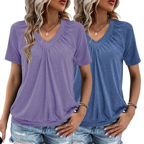2 Pack Summer Tops for Women V Neck Shorts Sleeve Casual Ruched Tops Women T Shirts Clothes Trendy 2026
