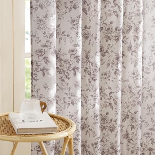 NICETOWN Gray Floral Curtains for Bedroom, Linen Blend Sheer Window Drapes with Vintage Botanical Print, Light Filtering & Privacy Rod Pocket & Back Tab Panels for Living Room, W52 x L84 in, 2 Panels