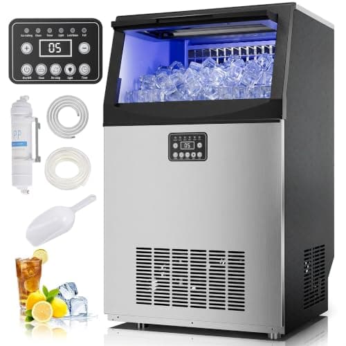 Commercial Ice Maker Machine, 110Lbs/24H Stainless Steel Ice Maker, Under Counter Ice Maker with 33Lbs Storage, 36 Ice Cubes per Cycle, Self-Cleaning,Freestanding,LED Display for Home Bar Restaurant