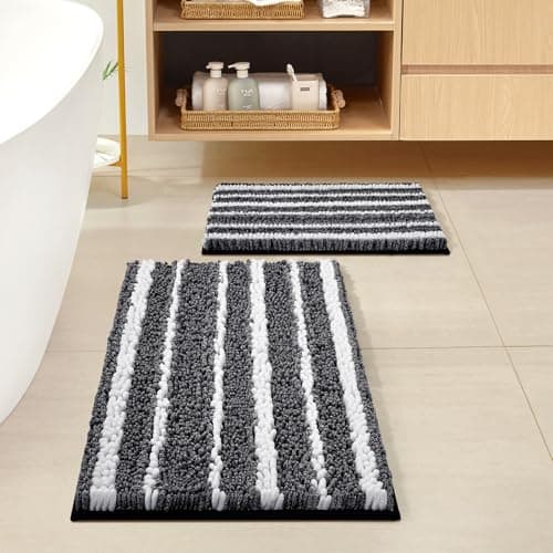 HOMEIDEAS Bathroom Rugs Sets 2 Piece, Cationic Dyed Chenille Extra Soft and Absorbent Non Slip Machine Washable Bath Mats (32"x20"+24"x17", Black)