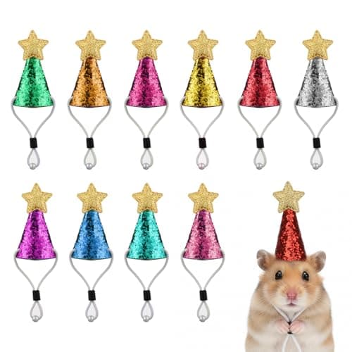 10PCS Mini Party Hats with Stars, Adjustable Mini Party Hats for Stuffed Animals, Conical Sparkling Small Birthday Hat for Small Pet, Hamster, Hedgehog, Lizard, Reptile, Birthday Cake Decoration