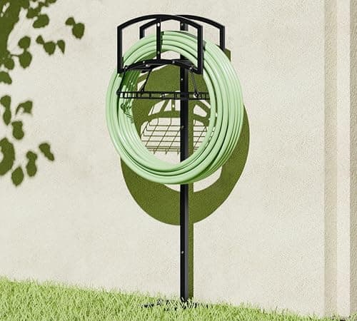 CALIDOLA Garden Hose Holder with Storage Basket - Heavy-Duty Freestanding Hose Organizer, Black Powder-Coated, Detachable Design Holds 150FT Hose, Includes Assembly Tools for Lawn, Yard, and Garden