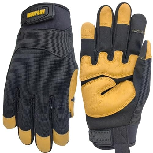 MSUPSAV Work Gloves Men for Safety, Leather Palm, Black+Yellow, Large