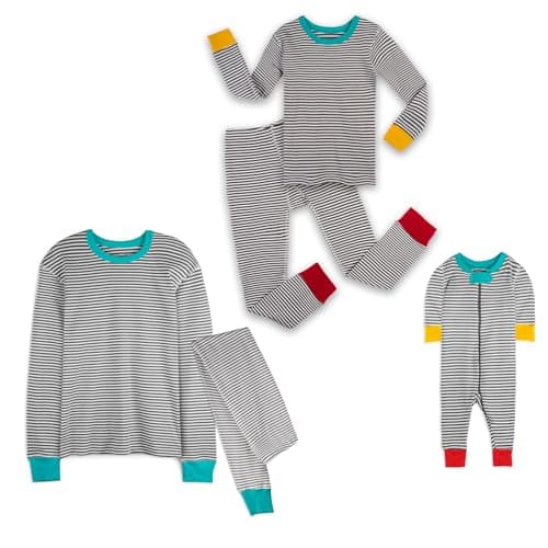 Mightly Matching Christmas, Holiday Pajamas,100% Organic Cotton, Fair Trade Certified -Complete Family, Adult, Kid & Toddler Sizes, Gray Stripes, XXL