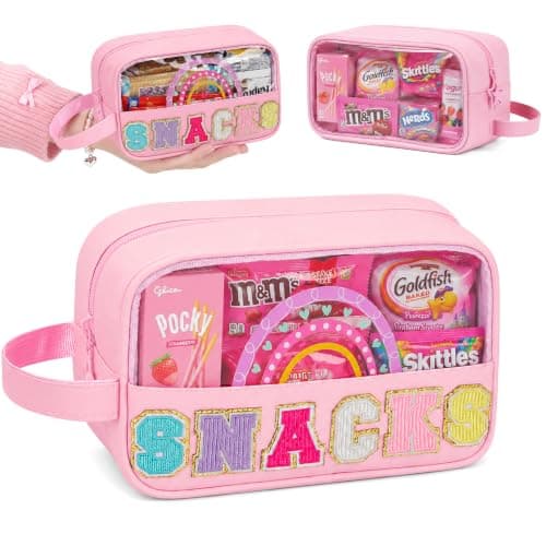 MONSTINA Snack Bag Clear Pouch Makeup Travel Toiletry Bag,Waterproof Clear Embroidery Letters Cute Cosmetic Tote Bag for Women Girls,PU Leather (Pink, Small)