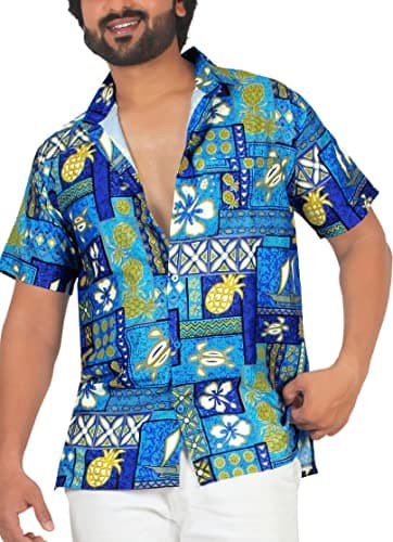 LA LEELA Men's Hawaiian Shirt Holiday Small Geometric Prints Blue