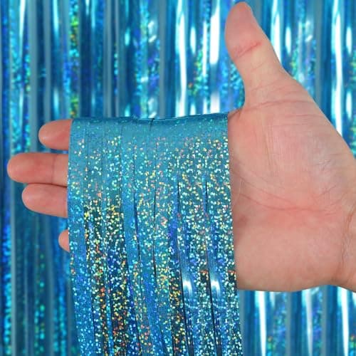 Picoway 4 Pack Bule Laser Foil Fringe Tinsel Backdrop Curtains, Birthday Engagement Bachelorette Baby Shower Ocean Themed Party Decorations, Photo Booth Props Door Streamers Curtain Wedding Decor