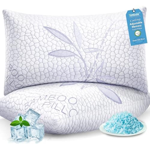 Yettbea Adjustable Shredded Memory Foam Pillows Queen Size Set of 2, Luxury Bamboo Cooling Pillow w/Washable Zippered Cover, Soft or Firm Support Bed Pillow for Side, Back, Stomach Sleeper