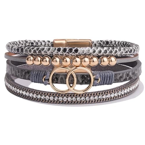 Grey Chunky Stackable Leather Wrap Bracelet Beaded Circle Western Jewelry