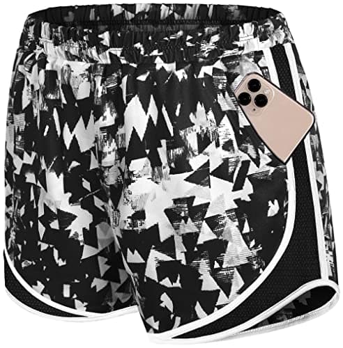 Fulbelle Womens Gym Shorts, Sweat Wicking High Waisted Lined Printed Female Sports Tights with Side Pockets Workout Exercise Running Yoga Athletic Clothes Geometry XL Black Camo