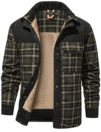 Flygo Men's Sherpa Lined Plaid Flannel Shirt Jacket Snap Button Warm Winter Jacket with Pockets(Green-S)