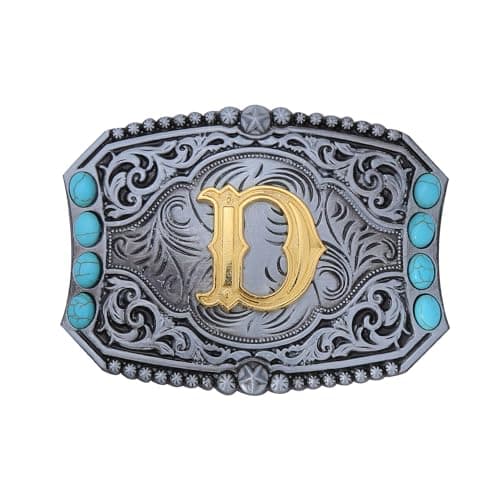 Bolatilt Vintage Turquoise Belt Buckle Men Western Cowboy Rodeo Belt Buckles Initial Letters D
