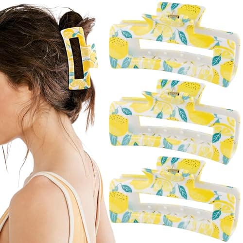 3pcs Square Lemon Print Hair Clips, Hapdoo 4 Inch Yellow Fruit Hair Clips Lemon Hair Accessories, Fun Hair Decorative Claw Clip for Women Girls