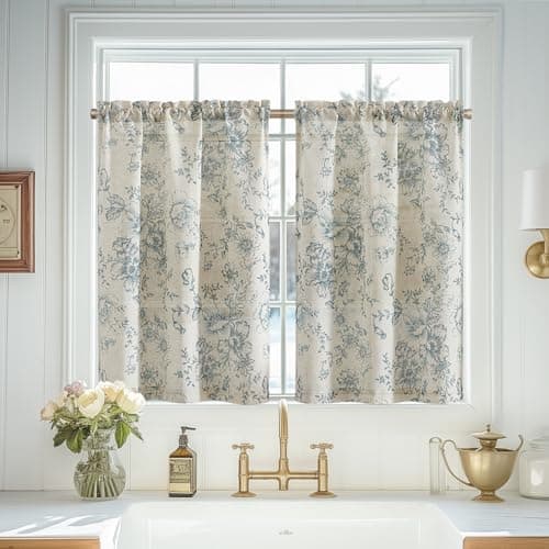 Vangao Blue Linen Kitchen Floral Half Window Treatments 24 Inches 2 Panels