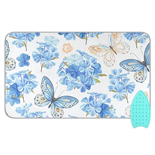 ElliTarr Blue Floral Butterfly Ironing Mat Portable Ironing Pad Blanket with Silicone Iron Rest for Table Top Travel Heat Resistant Double-Side Using Large 47x28 Inch Foldable