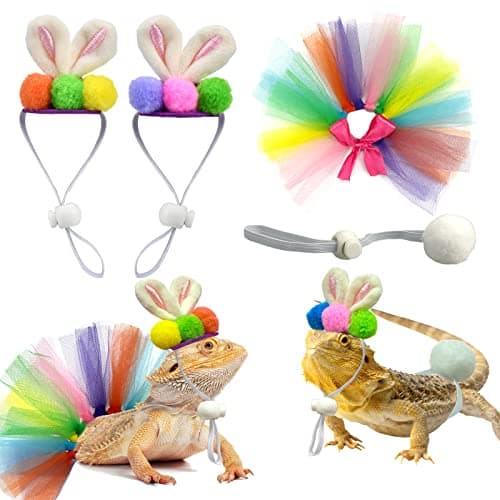 Vehomy Easter Bearded Dragon Rabbit Outfit for Lizards - Bearded Dragon Bunny Ears Headband Hat Rabbit Tail Tutu Skirt Easter Lizard Costume for Small Pets