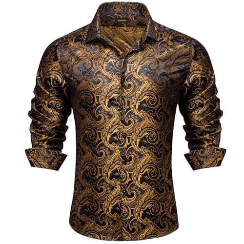 DiBanGu Mens Silk Paisley Dress Shirts,Long Sleeve Button Down Shirt Casual Regular Fit Shirt for Men Wedding Party, Black and Gold, Small